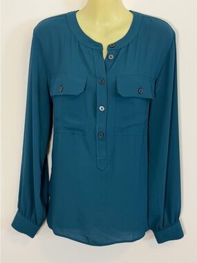LOFT Teal Long-Sleeve Button Front Blouse